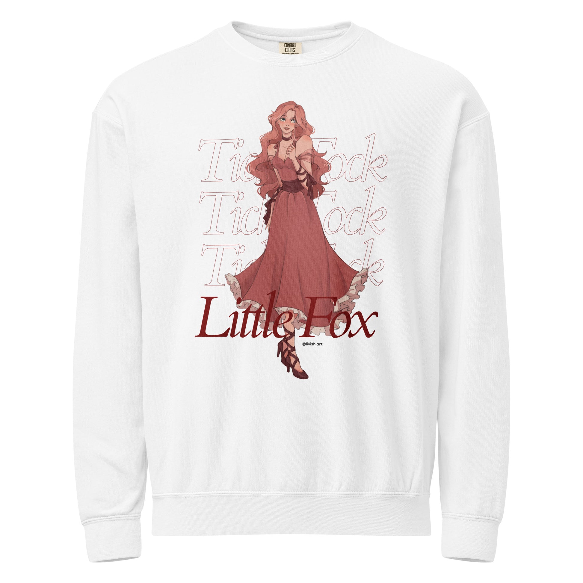 Tick Tock Little Fox Fleece Sweatshirt - The Bean Workshop - Cozy Loungewear, Evangeline Fox Fan Gift, Fleece Sweatshirt, Illustrated Evangeline Fox Character Art, Once Upon a Broken Heart, Red Script Lettering, Repeated Watermark Typography, Romantic Fantasy, Stephanie Garber, Tick Tock Little Fox Fleece Sweatshirt for Book Lovers, Travel Day Comfort, Whimsical Fairytale Illustration