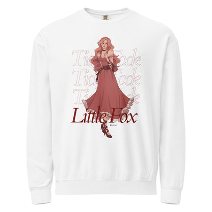 Tick Tock Little Fox Fleece Sweatshirt - The Bean Workshop - Cozy Loungewear, Evangeline Fox Fan Gift, Fleece Sweatshirt, Illustrated Evangeline Fox Character Art, Once Upon a Broken Heart, Red Script Lettering, Repeated Watermark Typography, Romantic Fantasy, Stephanie Garber, Tick Tock Little Fox Fleece Sweatshirt for Book Lovers, Travel Day Comfort, Whimsical Fairytale Illustration