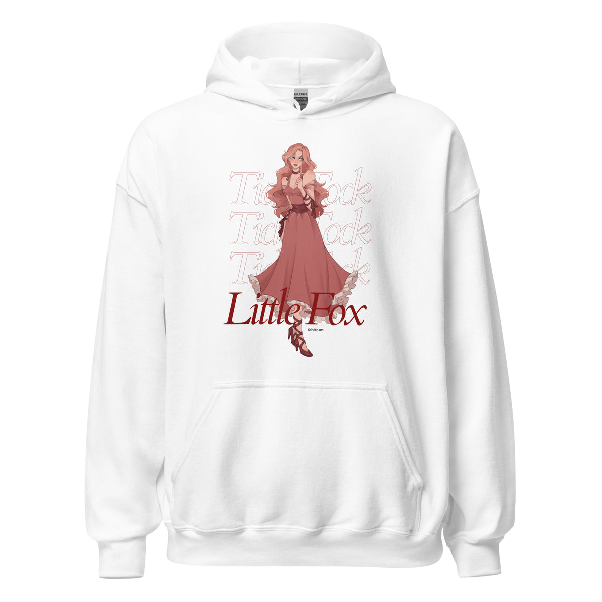 Tick Tock Little Fox Hoodie - The Bean Workshop - Cozy Reading Wear, Evangeline Fox Fan Gift, Everyday Bookish Style, Hoodie, Illustrated Evangeline Fox Character Art, Once Upon a Broken Heart, Red Script Lettering, Repeated Watermark Typography, Romantic Fantasy, Stephanie Garber, Tick Tock Little Fox Hoodie for Book Lovers, Whimsical Fairytale Illustration