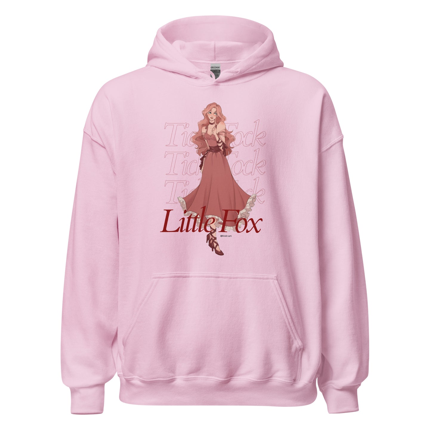 Tick Tock Little Fox Hoodie - The Bean Workshop - Cozy Reading Wear, Evangeline Fox Fan Gift, Everyday Bookish Style, Hoodie, Illustrated Evangeline Fox Character Art, Once Upon a Broken Heart, Red Script Lettering, Repeated Watermark Typography, Romantic Fantasy, Stephanie Garber, Tick Tock Little Fox Hoodie for Book Lovers, Whimsical Fairytale Illustration