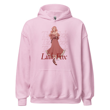 Tick Tock Little Fox Hoodie - The Bean Workshop - Cozy Reading Wear, Evangeline Fox Fan Gift, Everyday Bookish Style, Hoodie, Illustrated Evangeline Fox Character Art, Once Upon a Broken Heart, Red Script Lettering, Repeated Watermark Typography, Romantic Fantasy, Stephanie Garber, Tick Tock Little Fox Hoodie for Book Lovers, Whimsical Fairytale Illustration