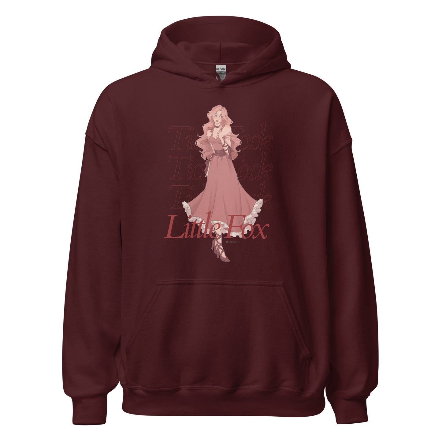 Tick Tock Little Fox Hoodie - The Bean Workshop - Cozy Reading Wear, Evangeline Fox Fan Gift, Everyday Bookish Style, Hoodie, Illustrated Evangeline Fox Character Art, Once Upon a Broken Heart, Red Script Lettering, Repeated Watermark Typography, Romantic Fantasy, Stephanie Garber, Tick Tock Little Fox Hoodie for Book Lovers, Whimsical Fairytale Illustration