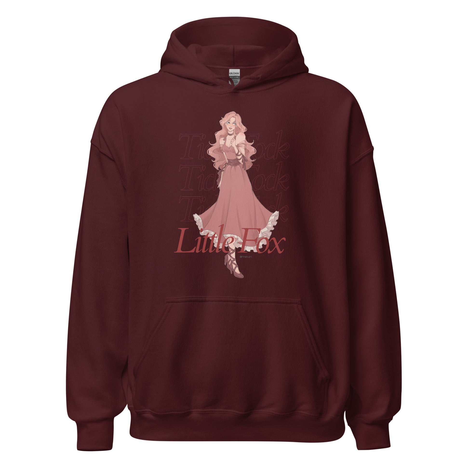 Tick Tock Little Fox Hoodie - The Bean Workshop - Cozy Reading Wear, Evangeline Fox Fan Gift, Everyday Bookish Style, Hoodie, Illustrated Evangeline Fox Character Art, Once Upon a Broken Heart, Red Script Lettering, Repeated Watermark Typography, Romantic Fantasy, Stephanie Garber, Tick Tock Little Fox Hoodie for Book Lovers, Whimsical Fairytale Illustration