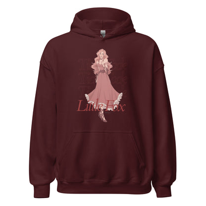 Tick Tock Little Fox Hoodie - The Bean Workshop - Cozy Reading Wear, Evangeline Fox Fan Gift, Everyday Bookish Style, Hoodie, Illustrated Evangeline Fox Character Art, Once Upon a Broken Heart, Red Script Lettering, Repeated Watermark Typography, Romantic Fantasy, Stephanie Garber, Tick Tock Little Fox Hoodie for Book Lovers, Whimsical Fairytale Illustration