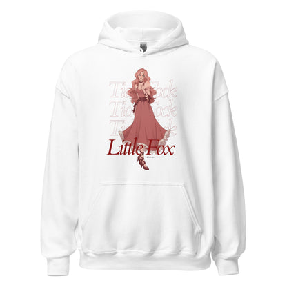 Tick Tock Little Fox Hoodie - The Bean Workshop - Cozy Reading Wear, Evangeline Fox Fan Gift, Everyday Bookish Style, Hoodie, Illustrated Evangeline Fox Character Art, Once Upon a Broken Heart, Red Script Lettering, Repeated Watermark Typography, Romantic Fantasy, Stephanie Garber, Tick Tock Little Fox Hoodie for Book Lovers, Whimsical Fairytale Illustration