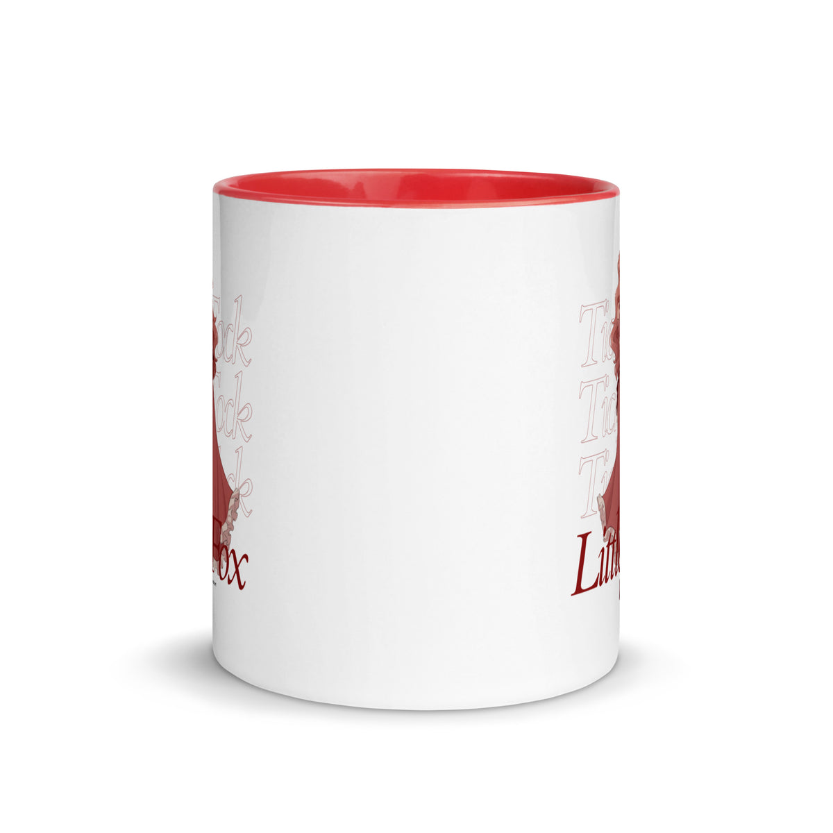 Tick Tock Little Fox Mug with Color Inside - The Bean Workshop - Ceramic Mug, Evangeline Fox Fan Gift, Illustrated Evangeline Fox Character Art, Morning Coffee Ritual, Once Upon a Broken Heart, Reading Nook Companion, Red Script Lettering, Repeated Watermark Typography, Romantic Fantasy, Stephanie Garber, Tick Tock Little Fox Ceramic Mug for Book Lovers, Whimsical Fairytale Illustration