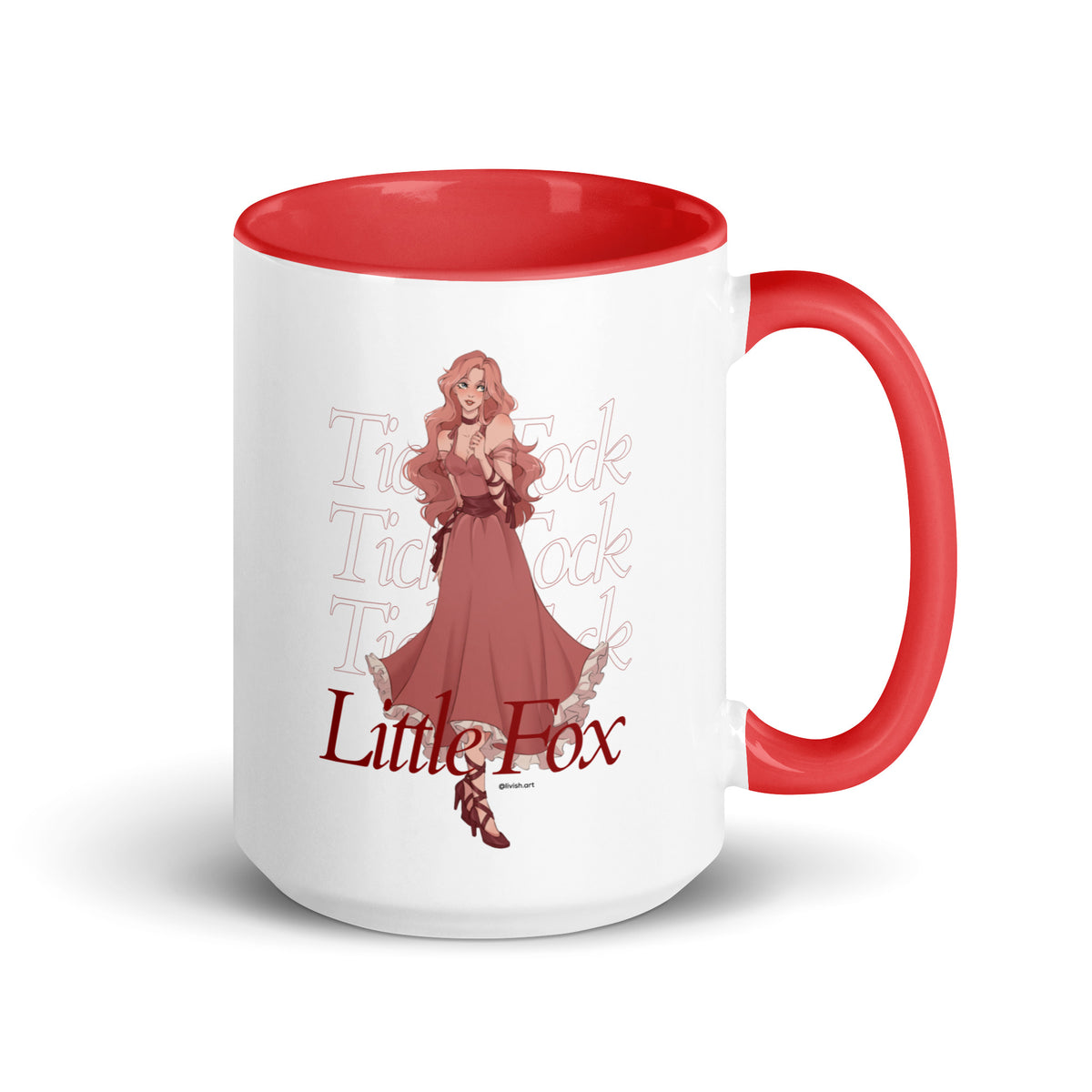 Tick Tock Little Fox Mug with Color Inside - The Bean Workshop - Ceramic Mug, Evangeline Fox Fan Gift, Illustrated Evangeline Fox Character Art, Morning Coffee Ritual, Once Upon a Broken Heart, Reading Nook Companion, Red Script Lettering, Repeated Watermark Typography, Romantic Fantasy, Stephanie Garber, Tick Tock Little Fox Ceramic Mug for Book Lovers, Whimsical Fairytale Illustration
