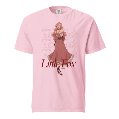 Tick Tock Little Fox T-Shirt - The Bean Workshop - Book Club Outfit, Evangeline Fox Fan Gift, Everyday Bookish Style, Illustrated Evangeline Fox Character Art, Once Upon a Broken Heart, Red Script Lettering, Repeated Watermark Typography, Romantic Fantasy, Stephanie Garber, T-Shirt, Tick Tock Little Fox T-Shirt for Book Lovers, Whimsical Fairytale Illustration