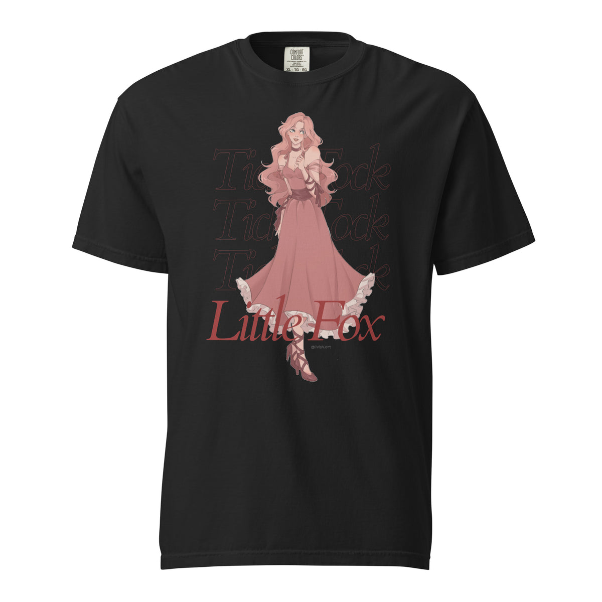 Tick Tock Little Fox T-Shirt - The Bean Workshop - Book Club Outfit, Evangeline Fox Fan Gift, Everyday Bookish Style, Illustrated Evangeline Fox Character Art, Once Upon a Broken Heart, Red Script Lettering, Repeated Watermark Typography, Romantic Fantasy, Stephanie Garber, T-Shirt, Tick Tock Little Fox T-Shirt for Book Lovers, Whimsical Fairytale Illustration