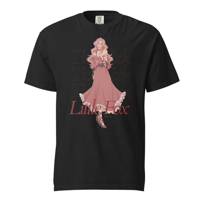 Tick Tock Little Fox T-Shirt - The Bean Workshop - Book Club Outfit, Evangeline Fox Fan Gift, Everyday Bookish Style, Illustrated Evangeline Fox Character Art, Once Upon a Broken Heart, Red Script Lettering, Repeated Watermark Typography, Romantic Fantasy, Stephanie Garber, T-Shirt, Tick Tock Little Fox T-Shirt for Book Lovers, Whimsical Fairytale Illustration