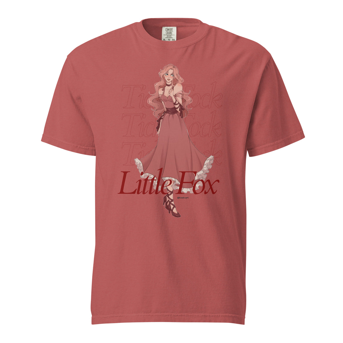 Tick Tock Little Fox T-Shirt - The Bean Workshop - Book Club Outfit, Evangeline Fox Fan Gift, Everyday Bookish Style, Illustrated Evangeline Fox Character Art, Once Upon a Broken Heart, Red Script Lettering, Repeated Watermark Typography, Romantic Fantasy, Stephanie Garber, T-Shirt, Tick Tock Little Fox T-Shirt for Book Lovers, Whimsical Fairytale Illustration