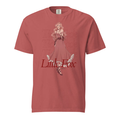 Tick Tock Little Fox T-Shirt - The Bean Workshop - Book Club Outfit, Evangeline Fox Fan Gift, Everyday Bookish Style, Illustrated Evangeline Fox Character Art, Once Upon a Broken Heart, Red Script Lettering, Repeated Watermark Typography, Romantic Fantasy, Stephanie Garber, T-Shirt, Tick Tock Little Fox T-Shirt for Book Lovers, Whimsical Fairytale Illustration