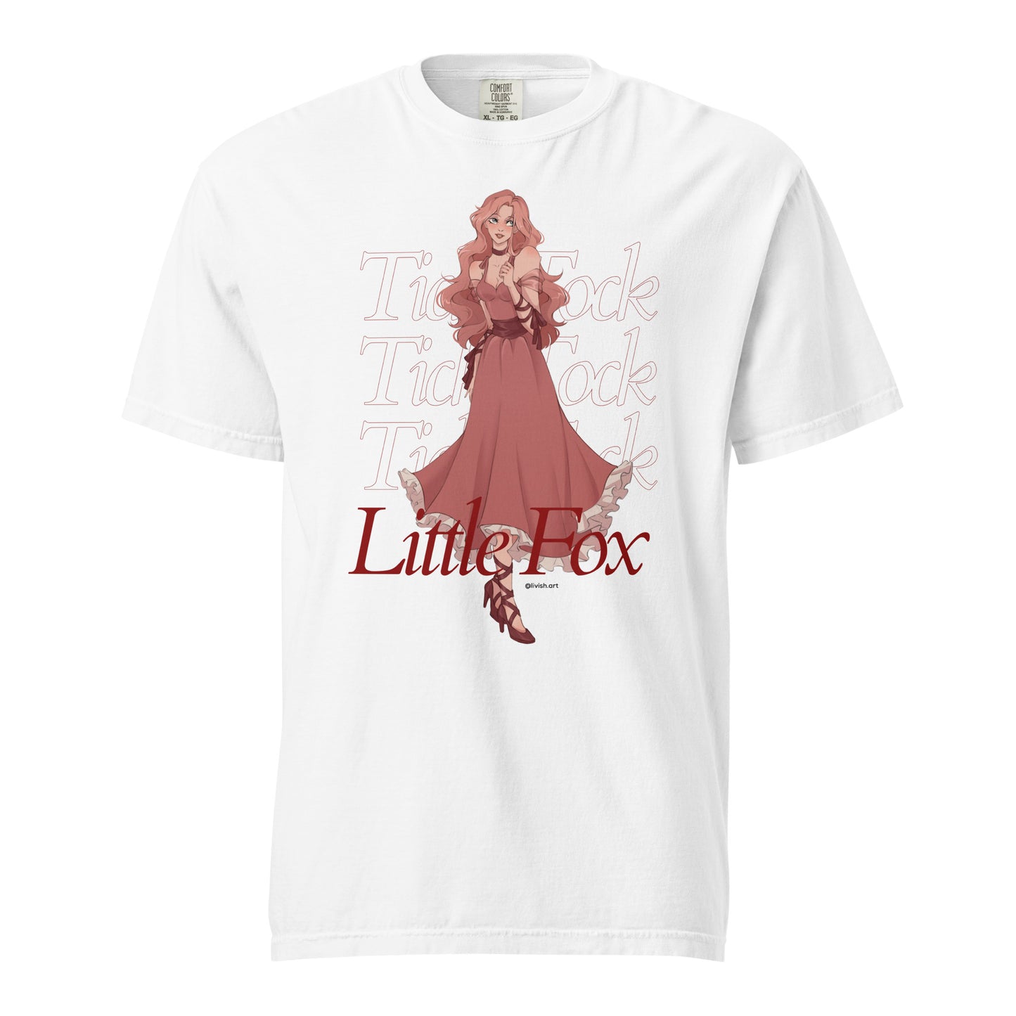 Tick Tock Little Fox T-Shirt - The Bean Workshop - Book Club Outfit, Evangeline Fox Fan Gift, Everyday Bookish Style, Illustrated Evangeline Fox Character Art, Once Upon a Broken Heart, Red Script Lettering, Repeated Watermark Typography, Romantic Fantasy, Stephanie Garber, T-Shirt, Tick Tock Little Fox T-Shirt for Book Lovers, Whimsical Fairytale Illustration