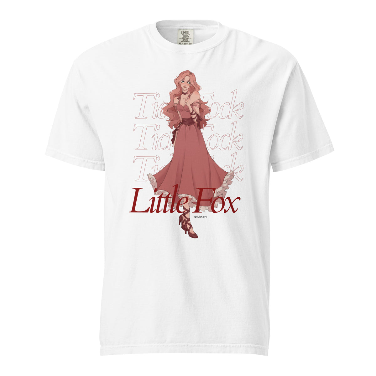 Tick Tock Little Fox T-Shirt - The Bean Workshop - Book Club Outfit, Evangeline Fox Fan Gift, Everyday Bookish Style, Illustrated Evangeline Fox Character Art, Once Upon a Broken Heart, Red Script Lettering, Repeated Watermark Typography, Romantic Fantasy, Stephanie Garber, T-Shirt, Tick Tock Little Fox T-Shirt for Book Lovers, Whimsical Fairytale Illustration