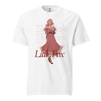 Tick Tock Little Fox T-Shirt - The Bean Workshop - Book Club Outfit, Evangeline Fox Fan Gift, Everyday Bookish Style, Illustrated Evangeline Fox Character Art, Once Upon a Broken Heart, Red Script Lettering, Repeated Watermark Typography, Romantic Fantasy, Stephanie Garber, T-Shirt, Tick Tock Little Fox T-Shirt for Book Lovers, Whimsical Fairytale Illustration