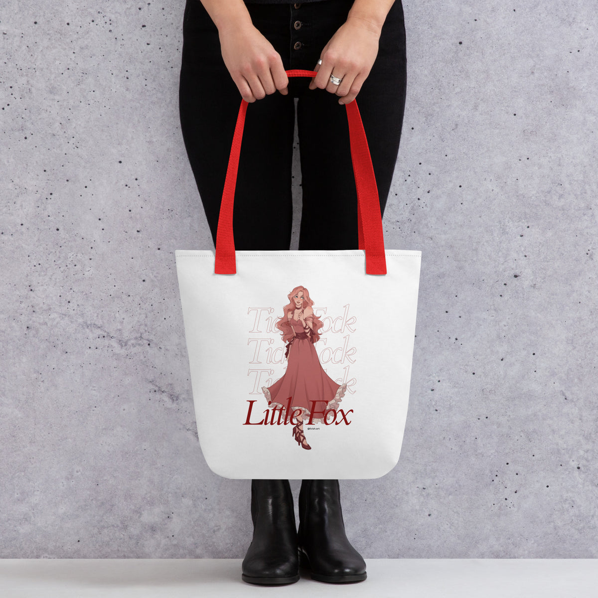 Tick Tock Little Fox Tote Bag - The Bean Workshop - Evangeline Fox Fan Gift, Illustrated Evangeline Fox Character Art, Library Tote Bag, On the Go Reading Companion, Once Upon a Broken Heart, Red Script Lettering, Repeated Watermark Typography, Romantic Fantasy, Stephanie Garber, Tick Tock Little Fox Tote Bag for Book Lovers, Tote Bag, Whimsical Fairytale Illustration