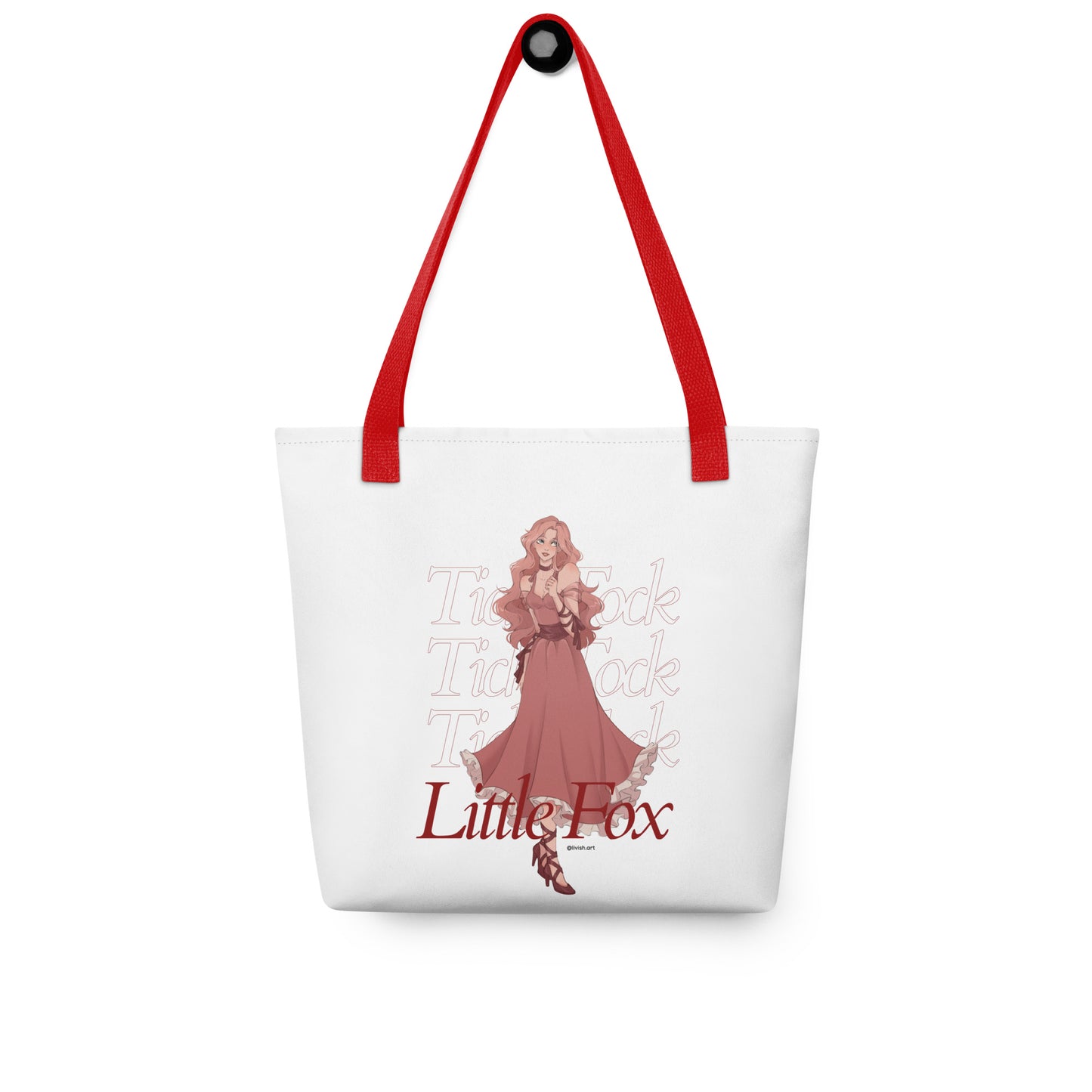 Tick Tock Little Fox Tote Bag - The Bean Workshop - Evangeline Fox Fan Gift, Illustrated Evangeline Fox Character Art, Library Tote Bag, On the Go Reading Companion, Once Upon a Broken Heart, Red Script Lettering, Repeated Watermark Typography, Romantic Fantasy, Stephanie Garber, Tick Tock Little Fox Tote Bag for Book Lovers, Tote Bag, Whimsical Fairytale Illustration