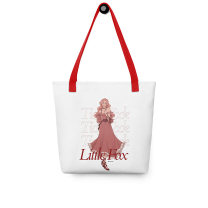 Tick Tock Little Fox Tote Bag - The Bean Workshop - Evangeline Fox Fan Gift, Illustrated Evangeline Fox Character Art, Library Tote Bag, On the Go Reading Companion, Once Upon a Broken Heart, Red Script Lettering, Repeated Watermark Typography, Romantic Fantasy, Stephanie Garber, Tick Tock Little Fox Tote Bag for Book Lovers, Tote Bag, Whimsical Fairytale Illustration