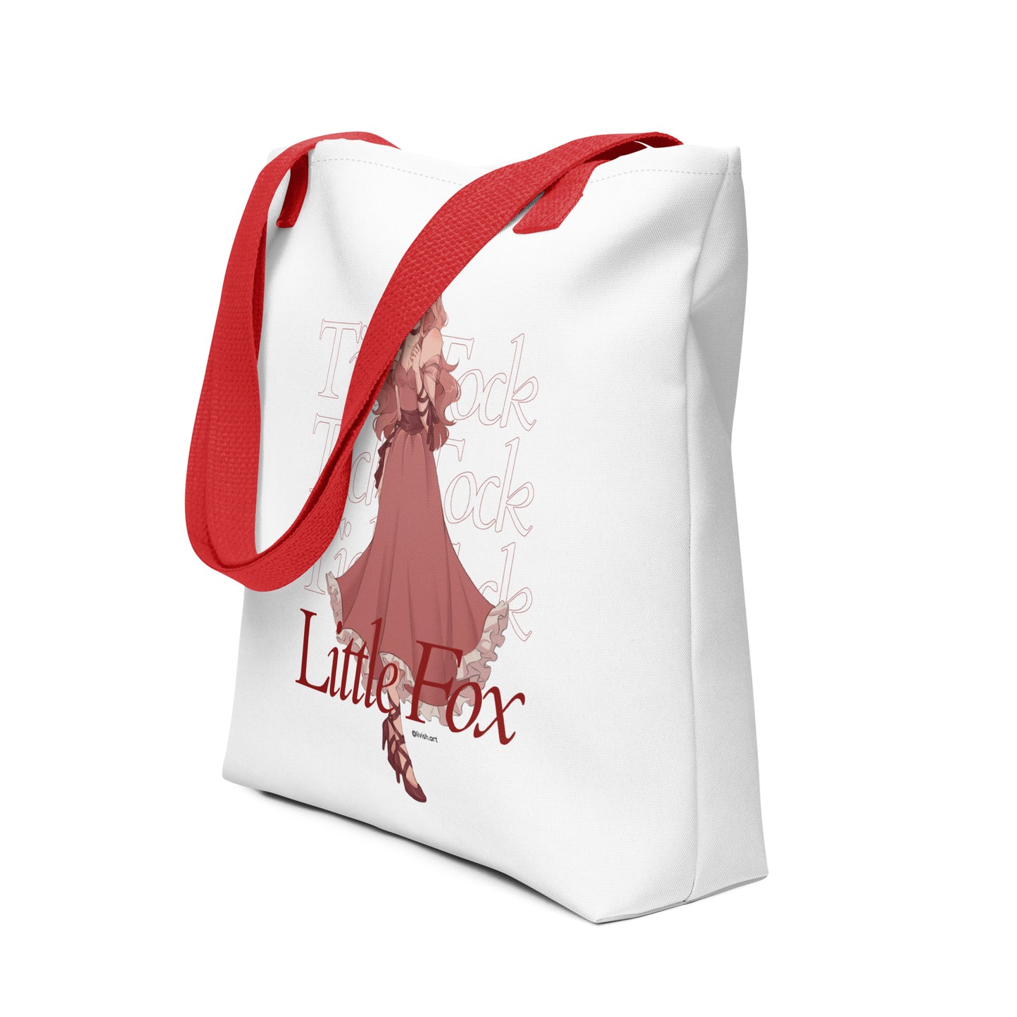 Tick Tock Little Fox Tote Bag - The Bean Workshop - Evangeline Fox Fan Gift, Illustrated Evangeline Fox Character Art, Library Tote Bag, On the Go Reading Companion, Once Upon a Broken Heart, Red Script Lettering, Repeated Watermark Typography, Romantic Fantasy, Stephanie Garber, Tick Tock Little Fox Tote Bag for Book Lovers, Tote Bag, Whimsical Fairytale Illustration