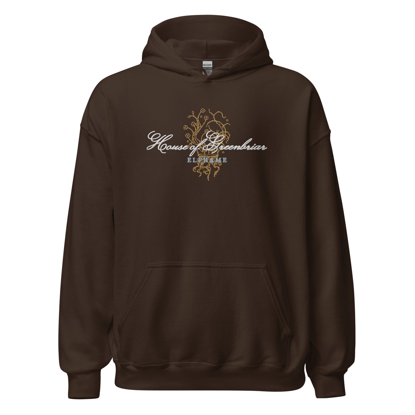 Dark chocolate unisex hoodie featuring 'House of Greenbriar Elfhame' bookish design