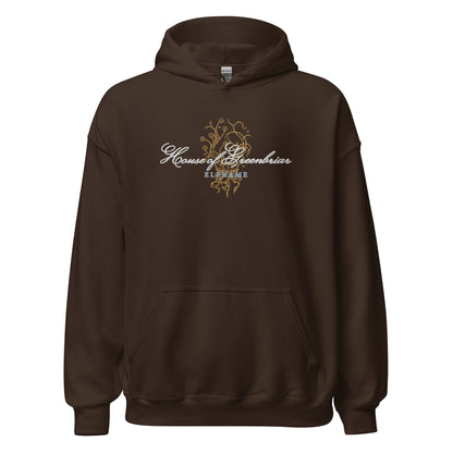 Dark chocolate unisex hoodie featuring 'House of Greenbriar Elfhame' bookish design