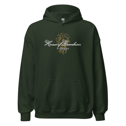 Forest green hoodie with 'House of Greenbriar Elfhame' and gold floral design on front.