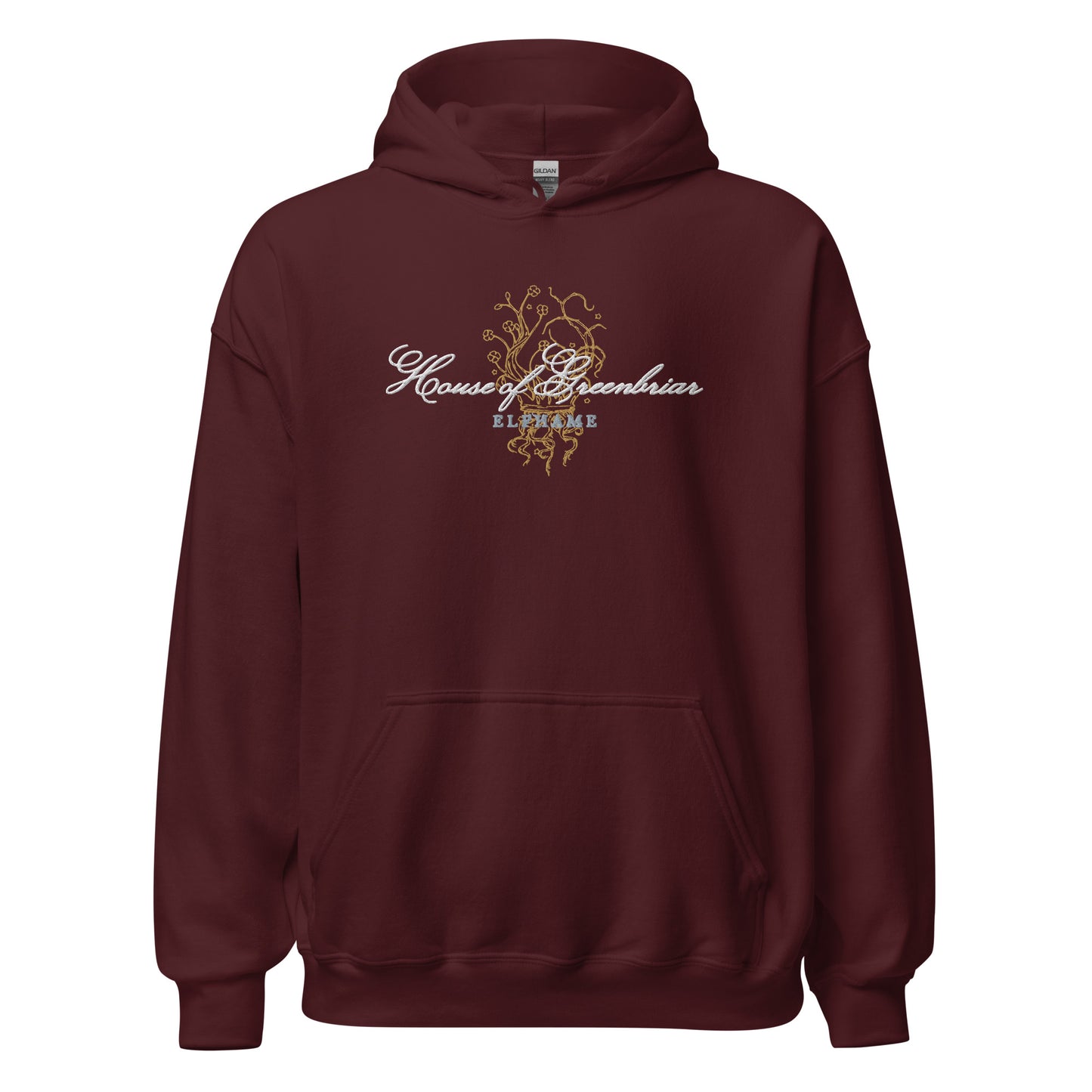 Maroon unisex hoodie with 'House of Greenbriar Elfhame' text and gold vine graphic on front