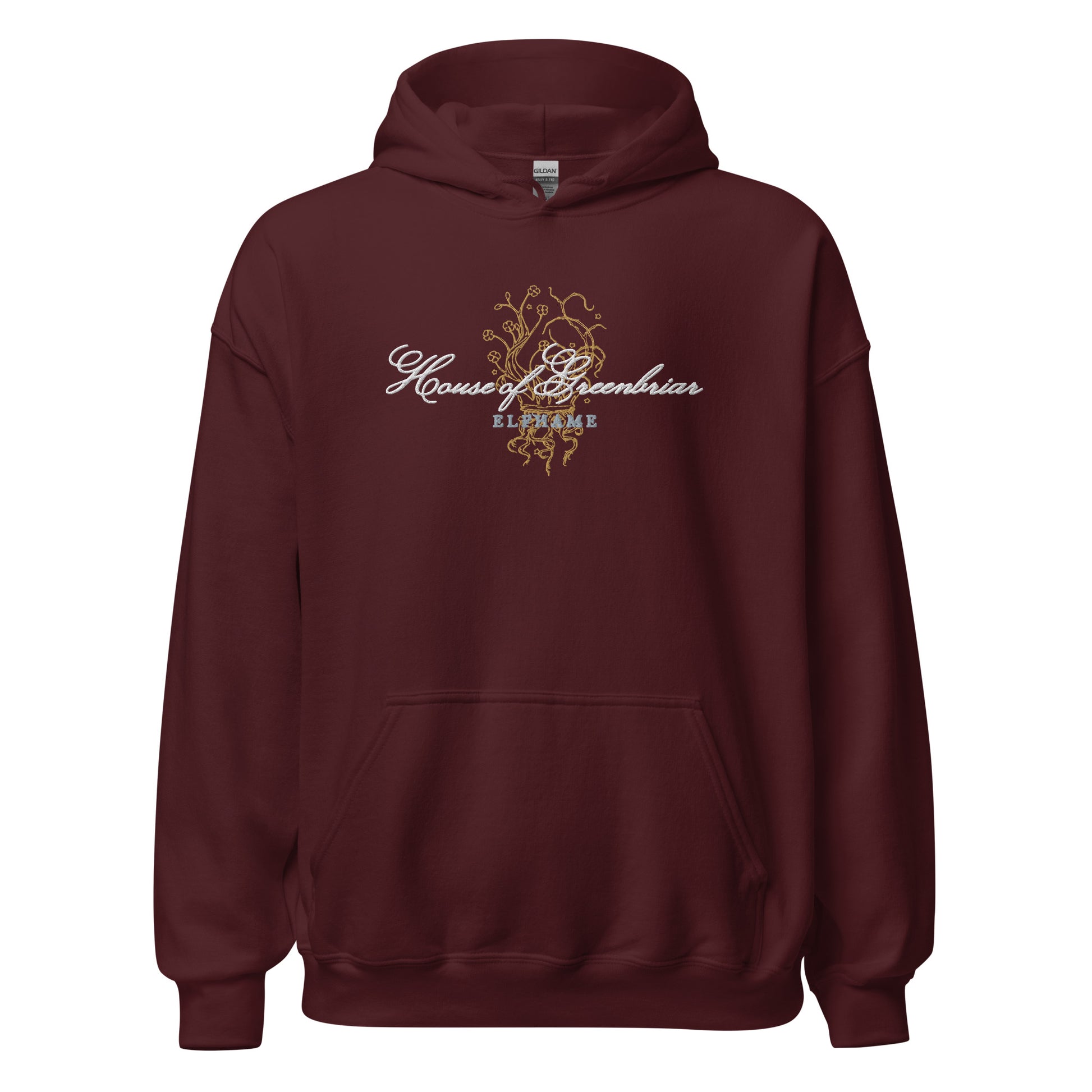 Maroon unisex hoodie with 'House of Greenbriar Elfhame' text and gold vine graphic on front