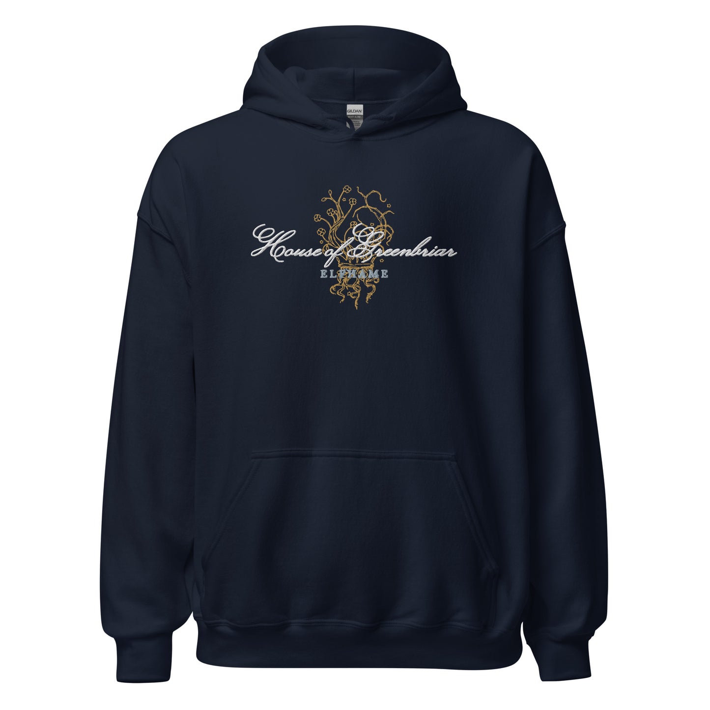 Navy unisex hoodie with 'House of Greenbriar Elfhame' and gold floral graphic on front