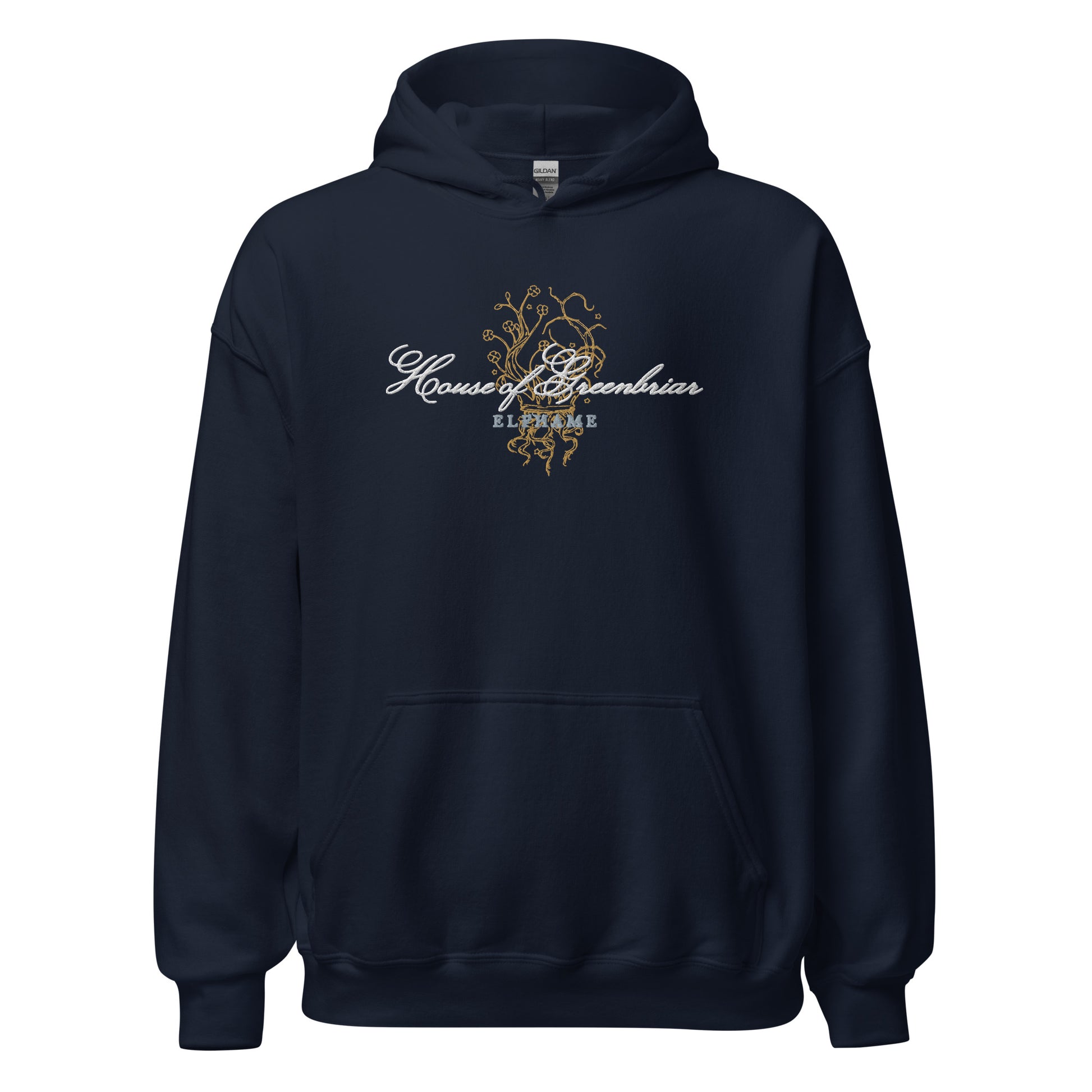 Navy unisex hoodie with 'House of Greenbriar Elfhame' and gold floral graphic on front