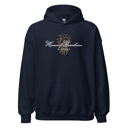 Navy unisex hoodie with 'House of Greenbriar Elfhame' and gold floral graphic on front