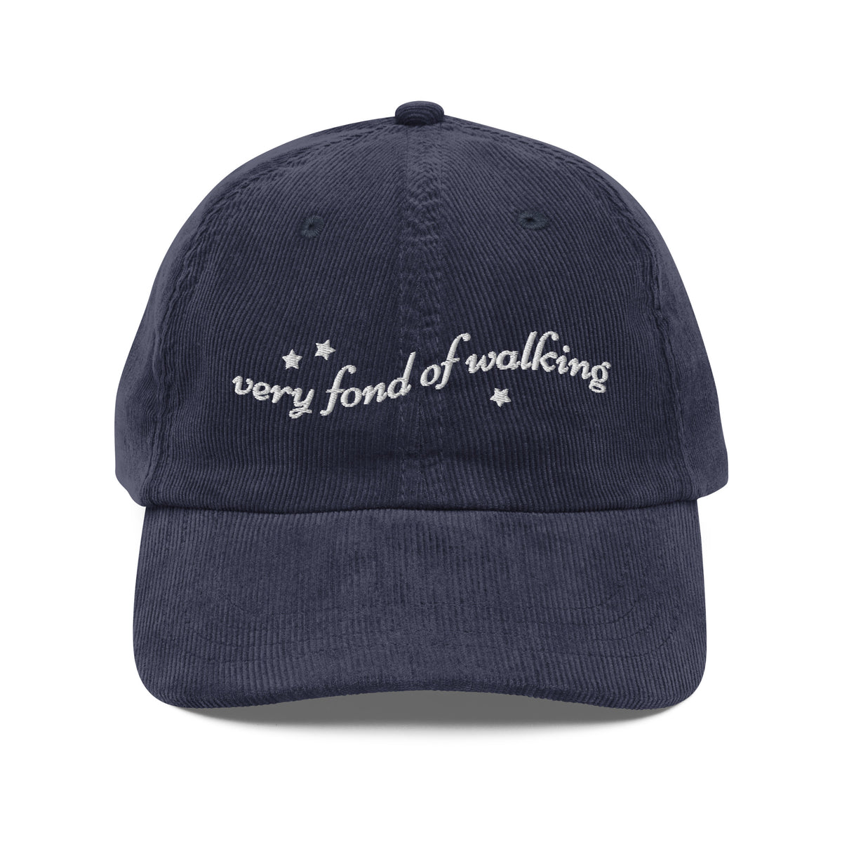 Very Fond of Walking Embroidered Vintage Corduroy Cap - The Bean Workshop - Bookish Gift Idea, Cap, Dark Academia, Embroidered Stars, Hiking Gear, Jane Austen, Janeite, Literary Quote, Minimalist Design, Pride and Prejudice, Retro Aesthetic, Very Fond of Walking Corduroy Hat, Vintage Literary Accessory for Readers