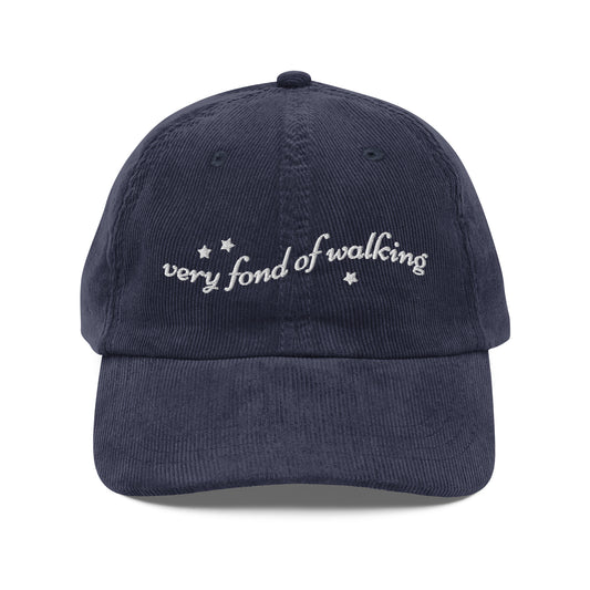 Very Fond of Walking Embroidered Vintage Corduroy Cap - The Bean Workshop - Bookish Gift Idea, Cap, Dark Academia, Embroidered Stars, Hiking Gear, Jane Austen, Janeite, Literary Quote, Minimalist Design, Pride and Prejudice, Retro Aesthetic, Very Fond of Walking Corduroy Hat, Vintage Literary Accessory for Readers