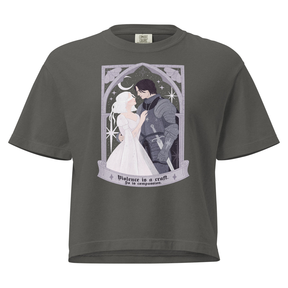 Violence Is A Craft Sybil and Rory Boxy tee - The Bean Workshop - Boxy Tee, Casual Fandom Fashion, Dark Academia Aesthetic, Fandom Boxy T-Shirt, Floral Arch Monochromatic, Gift for Fantasy Readers, Gothic Fantasy Apparel, Knight and Moth Illustration, Oversized Bookish T-Shirt for Fantasy Readers, Oversized Literary Tee, Rachel Gillig, The Knight and the Moth, Violence Is A Craft Boxy Tee Shepherd King Fan