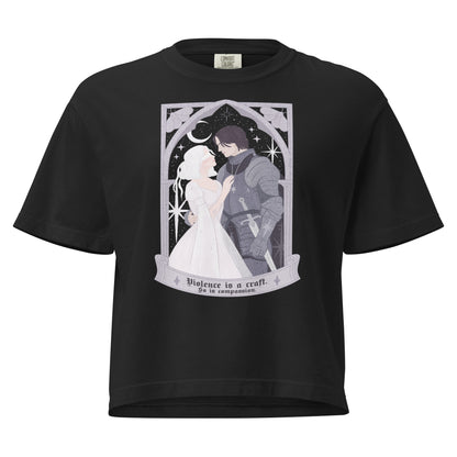 Violence Is A Craft Sybil and Rory Boxy tee - The Bean Workshop - Boxy Tee, Casual Fandom Fashion, Dark Academia Aesthetic, Fandom Boxy T-Shirt, Floral Arch Monochromatic, Gift for Fantasy Readers, Gothic Fantasy Apparel, Knight and Moth Illustration, Oversized Bookish T-Shirt for Fantasy Readers, Oversized Literary Tee, Rachel Gillig, The Knight and the Moth, Violence Is A Craft Boxy Tee Shepherd King Fan