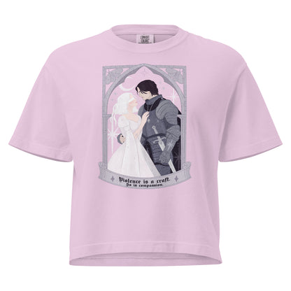 Violence Is A Craft Sybil and Rory Boxy tee - The Bean Workshop - Boxy Tee, Casual Fandom Fashion, Dark Academia Aesthetic, Fandom Boxy T-Shirt, Floral Arch Monochromatic, Gift for Fantasy Readers, Gothic Fantasy Apparel, Knight and Moth Illustration, Oversized Bookish T-Shirt for Fantasy Readers, Oversized Literary Tee, Rachel Gillig, The Knight and the Moth, Violence Is A Craft Boxy Tee Shepherd King Fan