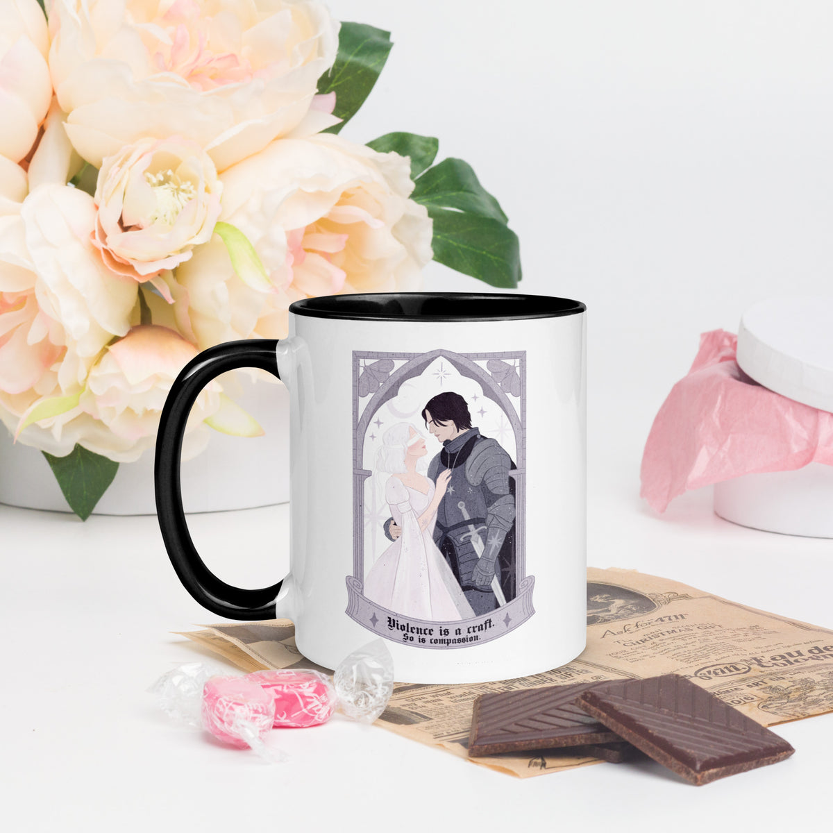 Violence Is A Craft Sybil and Rory Mug - The Bean Workshop - Bookish Mug for Fantasy Romance Readers, Ceramic Mug, Dark Academia Aesthetic, Fandom Drinkware, Floral Arch Monochromatic Design, Gift for Book Lovers, Gothic Romance, Knight and Beloved Illustration, Rachel Gillig, Reader Coffee Mug, Romantic Fantasy Quote, Sybil and Rory Romantic Ceramic Mug Shepherd King, The Knight and the Moth