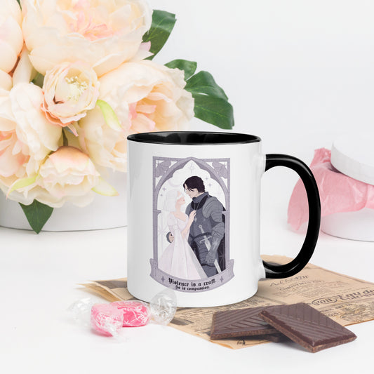 Violence Is A Craft Sybil and Rory Mug - The Bean Workshop - Bookish Mug for Fantasy Romance Readers, Ceramic Mug, Dark Academia Aesthetic, Fandom Drinkware, Floral Arch Monochromatic Design, Gift for Book Lovers, Gothic Romance, Knight and Beloved Illustration, Rachel Gillig, Reader Coffee Mug, Romantic Fantasy Quote, Sybil and Rory Romantic Ceramic Mug Shepherd King, The Knight and the Moth