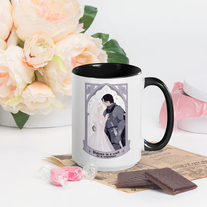 Violence Is A Craft Sybil and Rory Mug - The Bean Workshop - Bookish Mug for Fantasy Romance Readers, Ceramic Mug, Dark Academia Aesthetic, Fandom Drinkware, Floral Arch Monochromatic Design, Gift for Book Lovers, Gothic Romance, Knight and Beloved Illustration, Rachel Gillig, Reader Coffee Mug, Romantic Fantasy Quote, Sybil and Rory Romantic Ceramic Mug Shepherd King, The Knight and the Moth