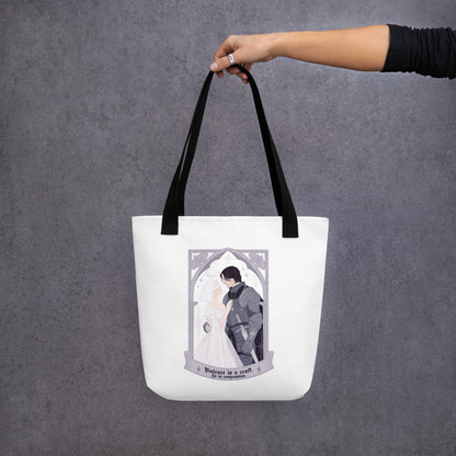 Violence Is A Craft Tote Bag - The Bean Workshop - Bookish Tote for Fantasy Romance Readers, Dark Academia Aesthetic, Eco Tote Bag, Fandom Tote Bag, Floral Arch Monochromatic, Gift for Book Lovers, Gothic Romance, Knight and Beloved Illustration, Rachel Gillig, Romantic Fantasy Quote, Sustainable Bookish Bag, Sybil and Rory Romantic Tote Bag Shepherd King, The Knight and the Moth