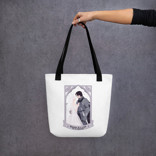 Violence Is A Craft Tote Bag - The Bean Workshop - Bookish Tote for Fantasy Romance Readers, Dark Academia Aesthetic, Eco Tote Bag, Fandom Tote Bag, Floral Arch Monochromatic, Gift for Book Lovers, Gothic Romance, Knight and Beloved Illustration, Rachel Gillig, Romantic Fantasy Quote, Sustainable Bookish Bag, Sybil and Rory Romantic Tote Bag Shepherd King, The Knight and the Moth