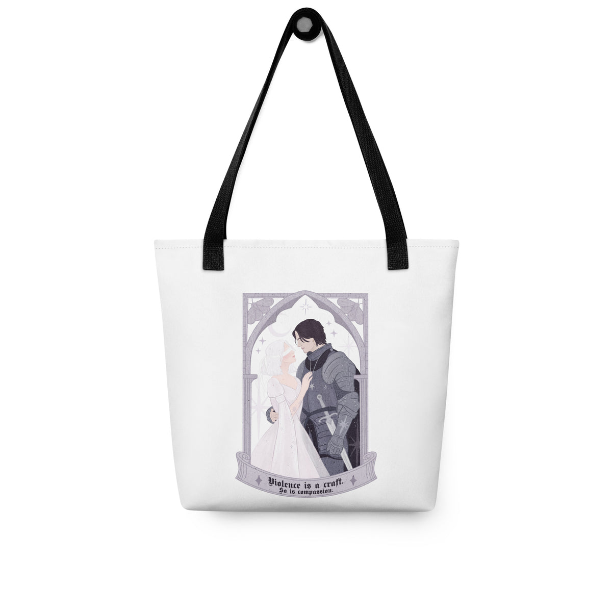 Violence Is A Craft Tote Bag - The Bean Workshop - Bookish Tote for Fantasy Romance Readers, Dark Academia Aesthetic, Eco Tote Bag, Fandom Tote Bag, Floral Arch Monochromatic, Gift for Book Lovers, Gothic Romance, Knight and Beloved Illustration, Rachel Gillig, Romantic Fantasy Quote, Sustainable Bookish Bag, Sybil and Rory Romantic Tote Bag Shepherd King, The Knight and the Moth