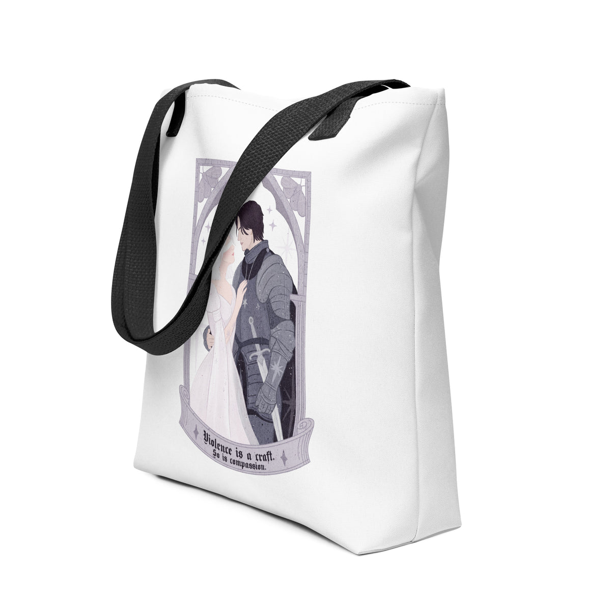 Violence Is A Craft Tote Bag - The Bean Workshop - Bookish Tote for Fantasy Romance Readers, Dark Academia Aesthetic, Eco Tote Bag, Fandom Tote Bag, Floral Arch Monochromatic, Gift for Book Lovers, Gothic Romance, Knight and Beloved Illustration, Rachel Gillig, Romantic Fantasy Quote, Sustainable Bookish Bag, Sybil and Rory Romantic Tote Bag Shepherd King, The Knight and the Moth