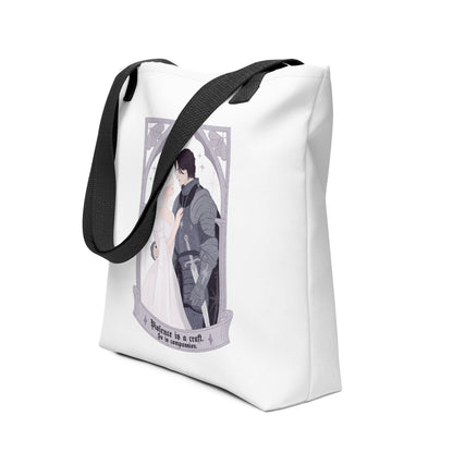 Violence Is A Craft Tote Bag - The Bean Workshop - Bookish Tote for Fantasy Romance Readers, Dark Academia Aesthetic, Eco Tote Bag, Fandom Tote Bag, Floral Arch Monochromatic, Gift for Book Lovers, Gothic Romance, Knight and Beloved Illustration, Rachel Gillig, Romantic Fantasy Quote, Sustainable Bookish Bag, Sybil and Rory Romantic Tote Bag Shepherd King, The Knight and the Moth