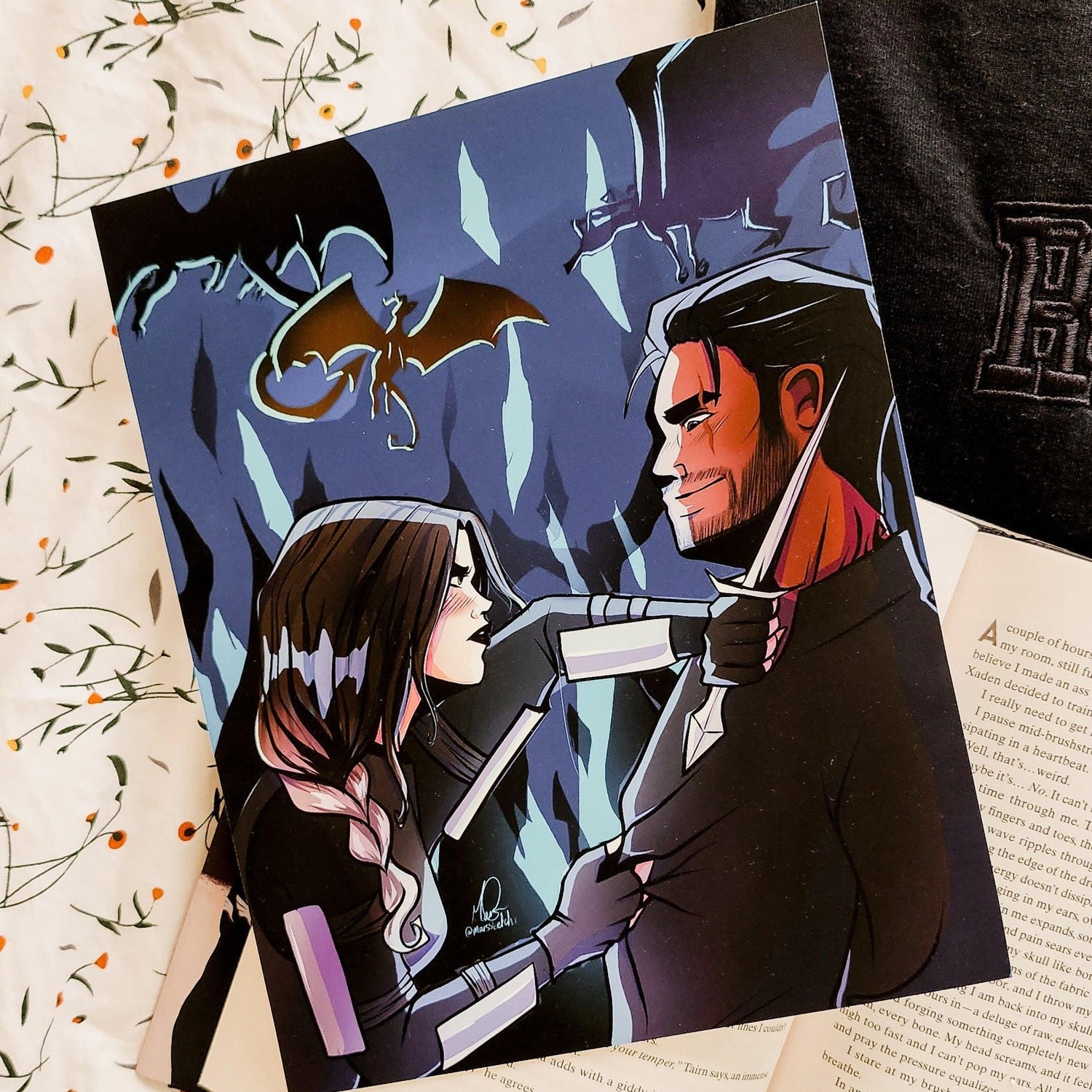 Violet Sorrengail and Xaden Riorson - Going For Blood, Violence? Poster - The Bean Workshop - fourth wing, poster, rebecca yarros, violet sorrengail, xaden riorson