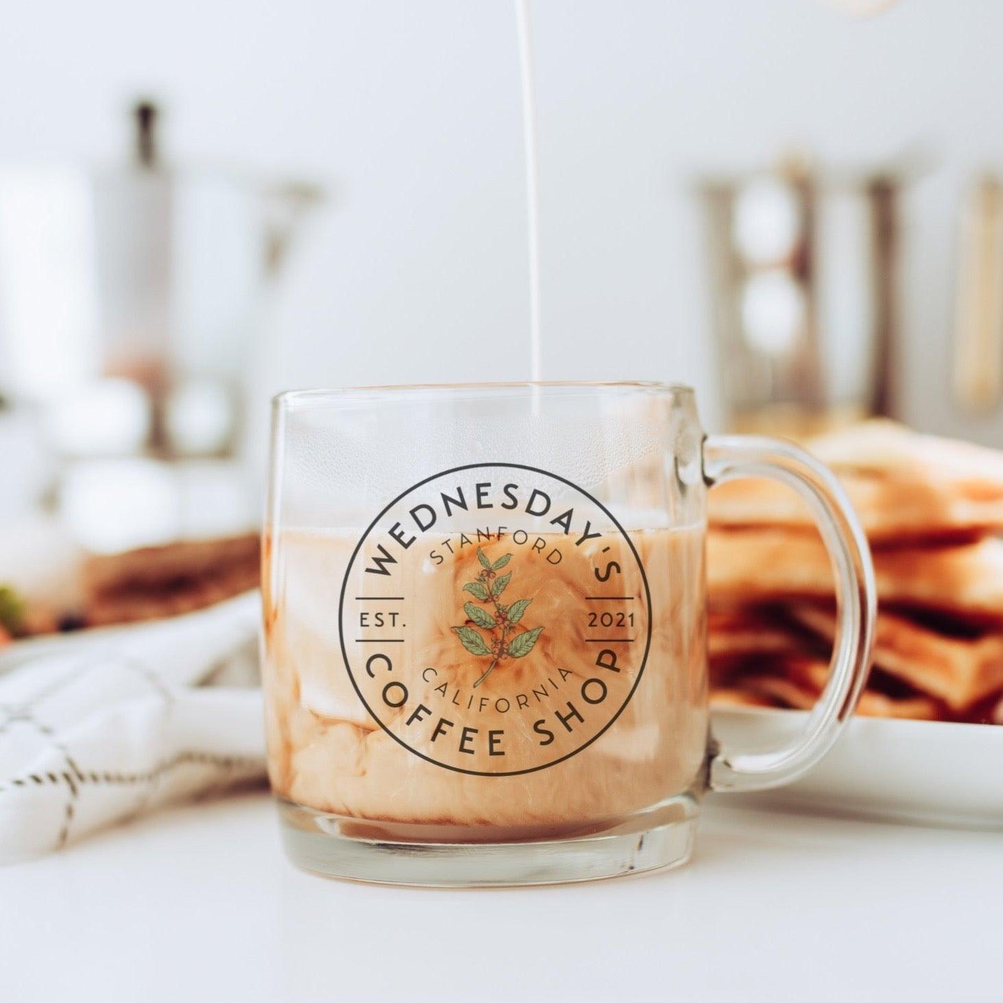 Wednesday's Coffee Shop Glass Mug - The Bean Workshop - adam carlsen, ali hazelwood, glass mug, mug, olive smith, the love hypothesis