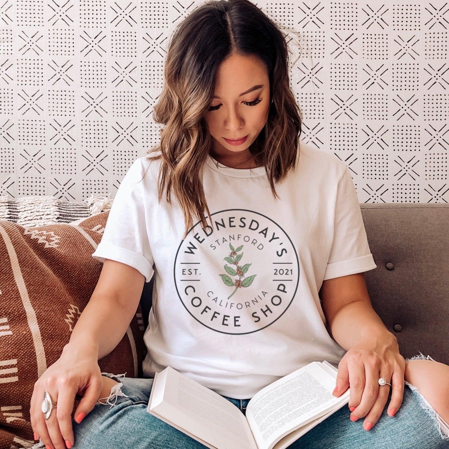 Wednesday's Coffee Shop T-Shirt - The Bean Workshop - adam carlsen, ali hazelwood, olive smith, t-shirt, the love hypothesis