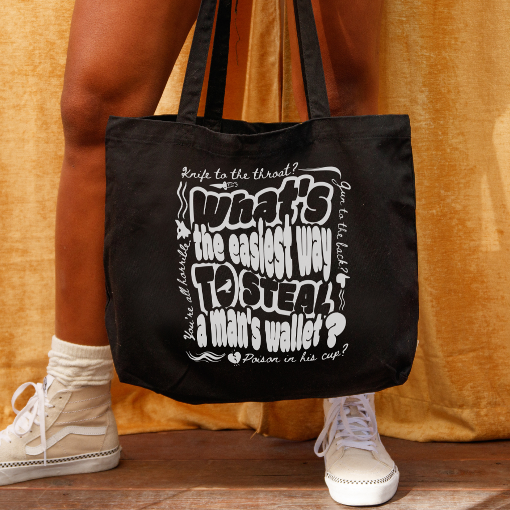 Easiest Way to Steal A Man's Wallet Large Organic Cotton Twill Tote Bag - The Bean Workshop - Book Lover Tote, Bookish Accessory, Canvas Shopper, Dark Fantasy Aesthetic, Grishaverse accessory, Kaz Brekker quote book bag for readers, Ketterdam, Leigh Bardugo literary merch, Library Bag, Six of Crows tote bag, The Crows fan gift, The Dregs, Typographic Design