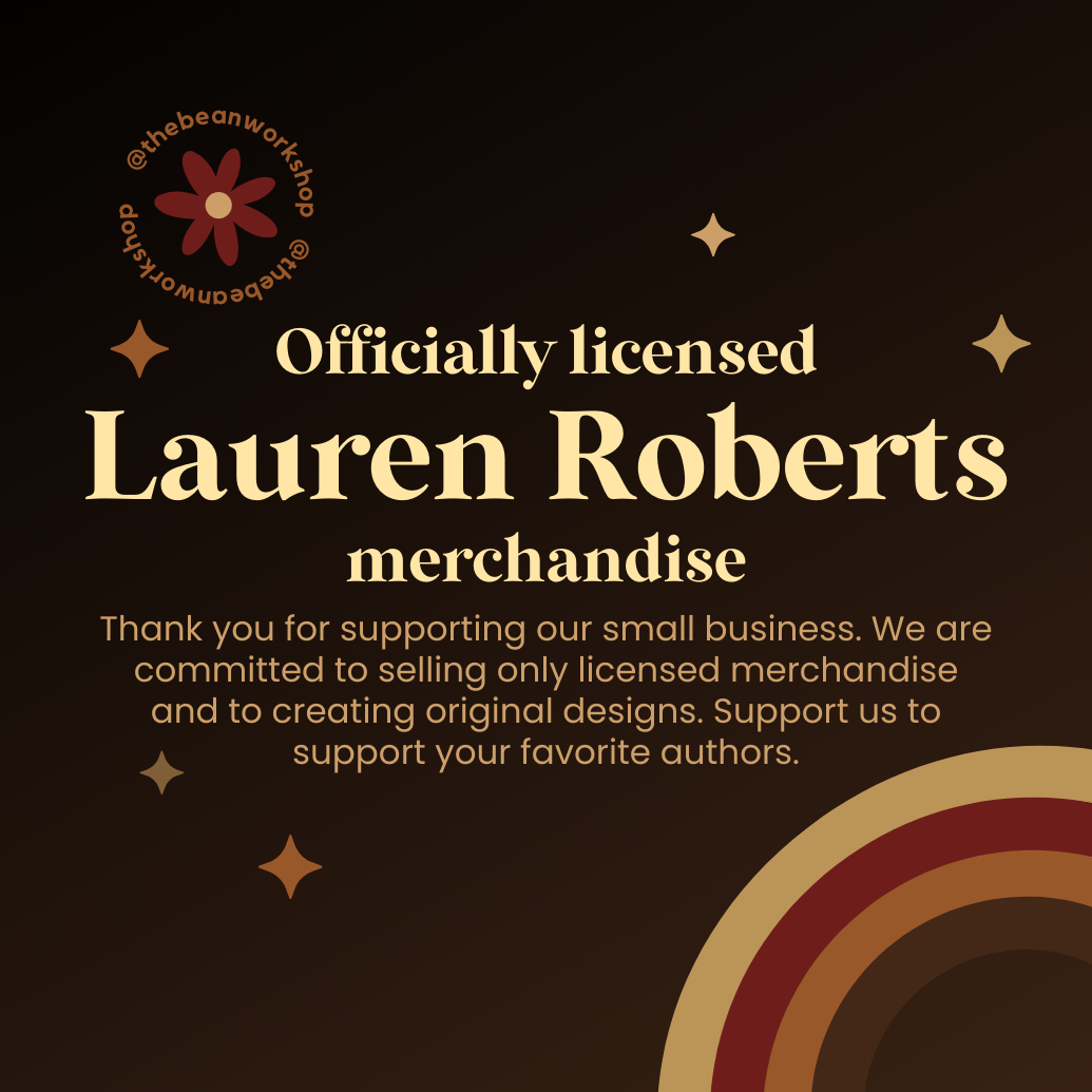 Officially licensed Lauren Roberts merchandise promo with text and retro rainbow design.
