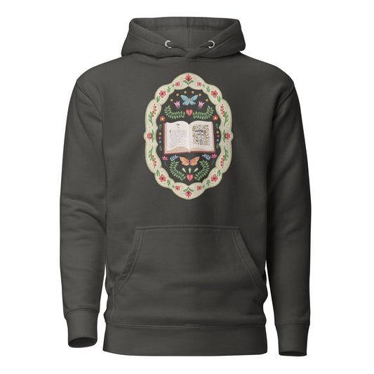 Whimsical Folklore Book Premium Hoodie - The Bean Workshop - Bookish Fashion, Botanical Illustration, Butterfly Design, Colorful Folk Art Bookish Hoodie, Cozy Lifestyle, Hoodie, Jane Austen, Literary Quote, Reader Gift, Storybook Fandom, Whimsical Aesthetic, Whimsical Folklore Book Oversized Hoodie, Winter Reading Gear for Bookworms